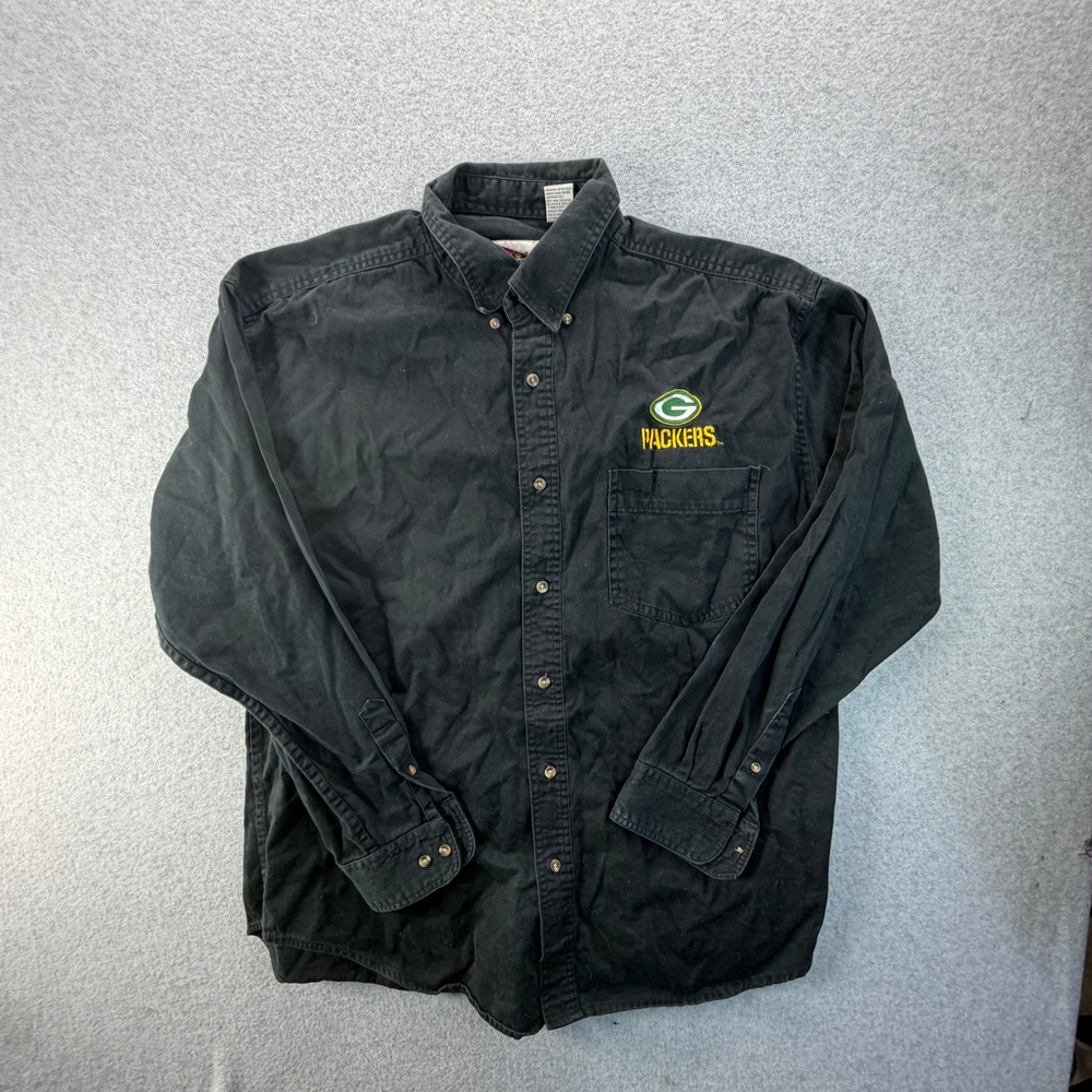 Vintage Green Bay Packers Pro Elite Black Cotton Button Down Shirt Mens XL